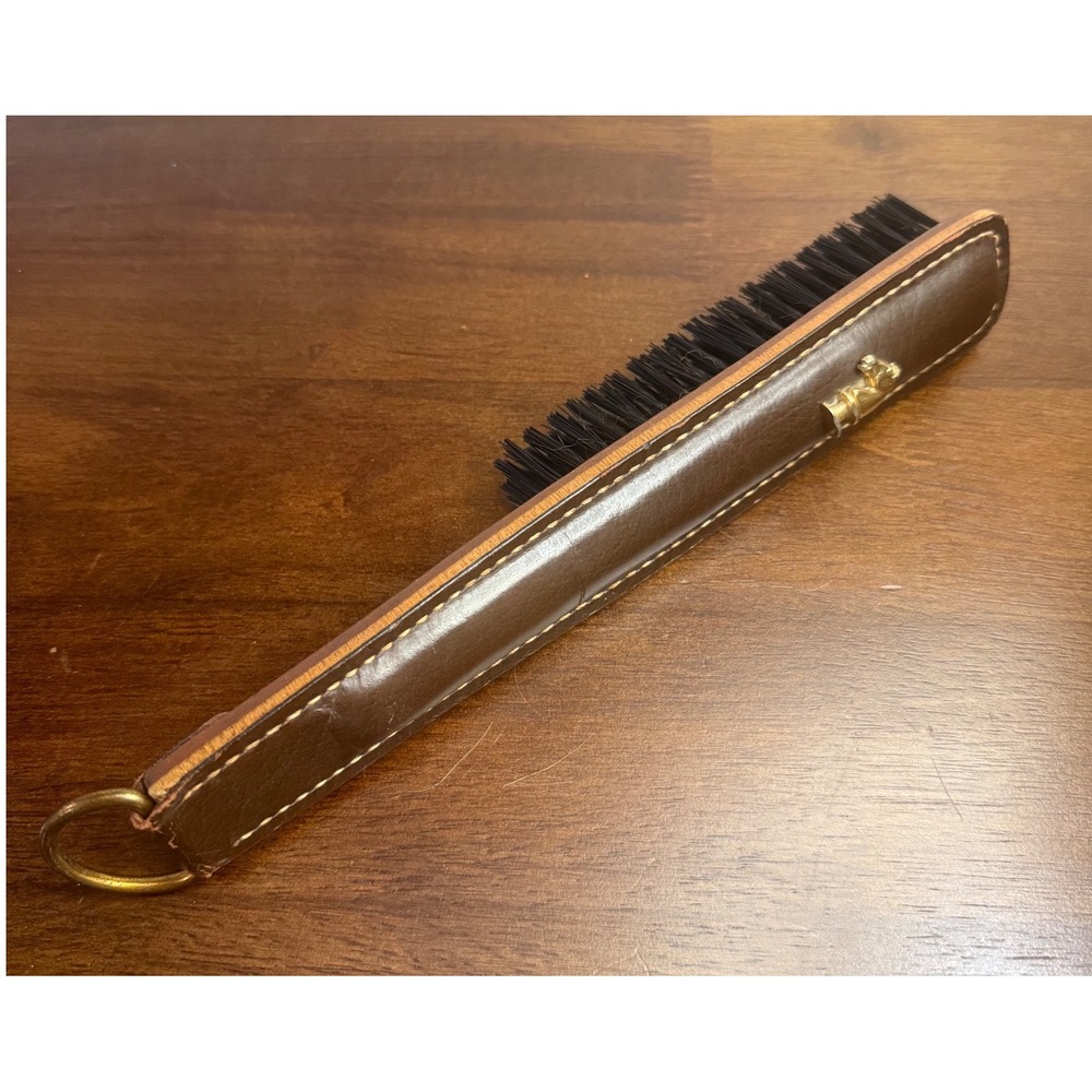 Vintage Leather Shoe Brush Brown Horse Head Emblem Brass‎ Ring Hanging